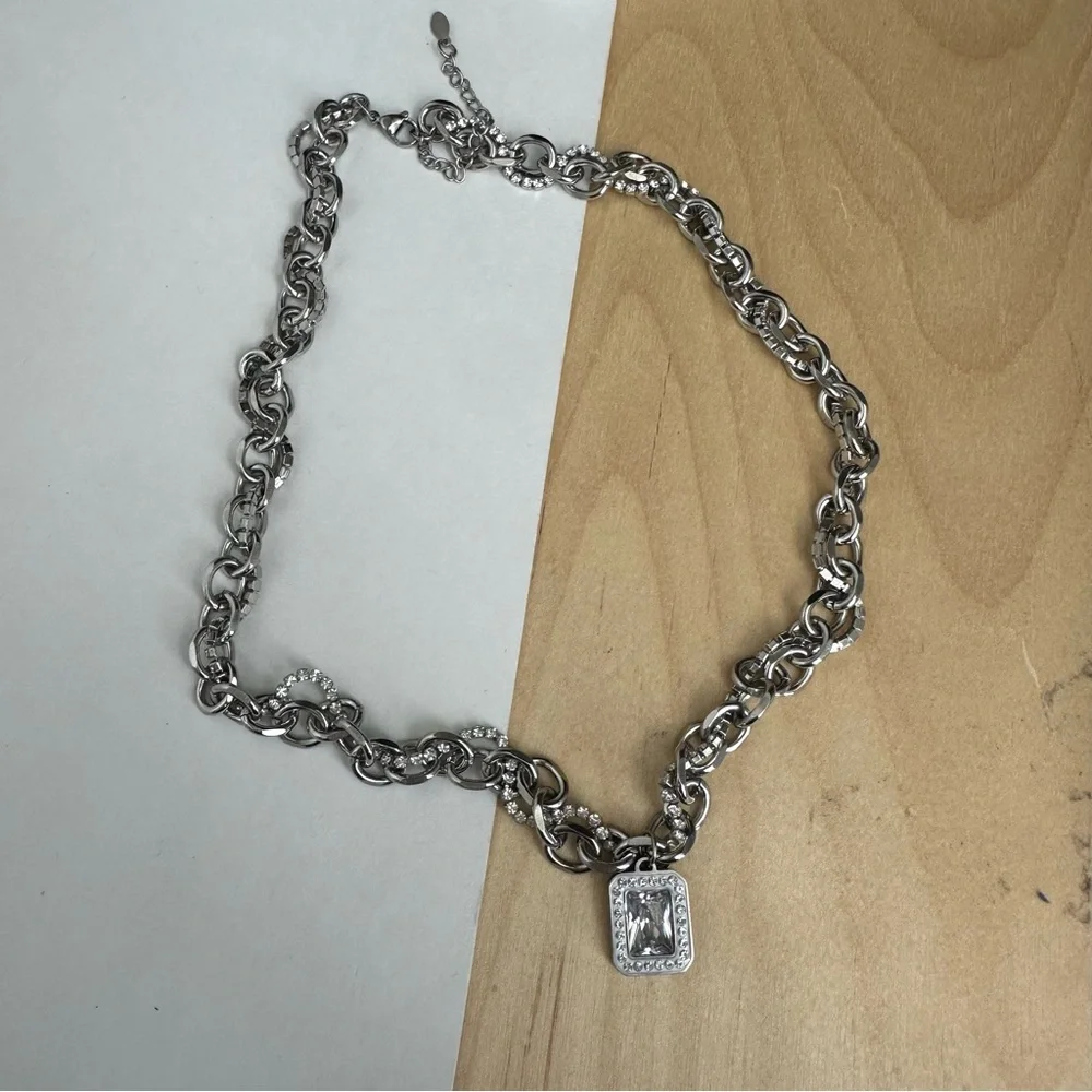 Stainless Steel Crystal Chunky Charm Pendant Necklace Paperclip Chain - Picture 7 of 9